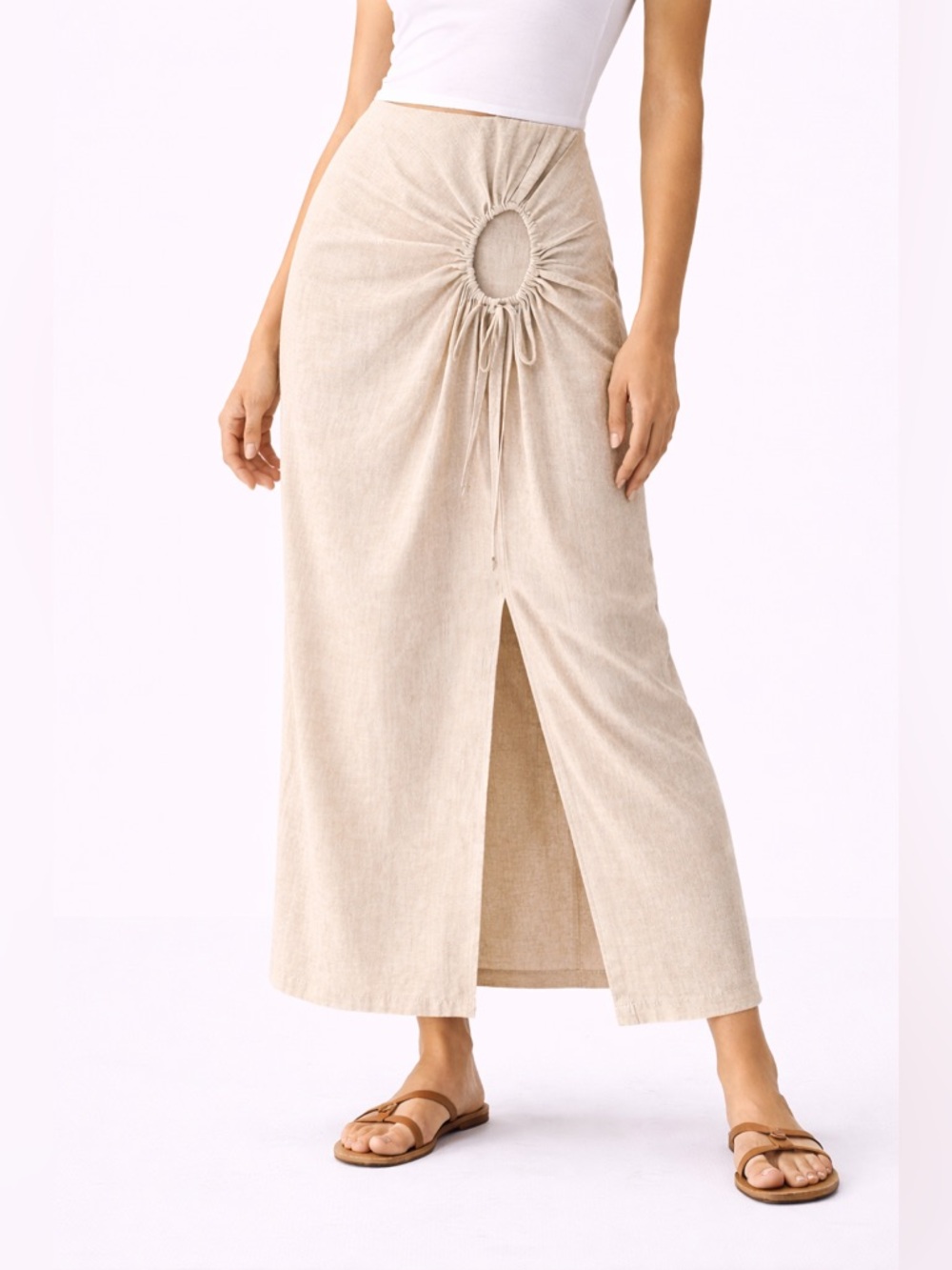 Stradivarius Beige Linen Blend Cutout Ruched Midi Maxi Skirt Size 36